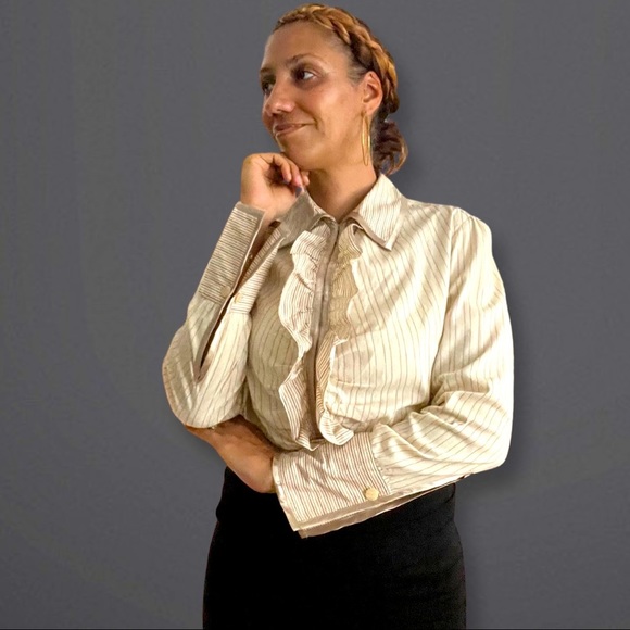 VTG  Pinstripe brown ruffle front hook and loop closing silk edge Ham detail - Picture 1 of 15